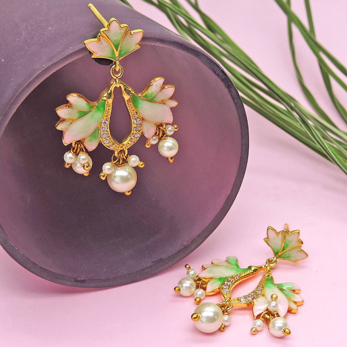 Leafy Sparkle Enamel Drop Earrings