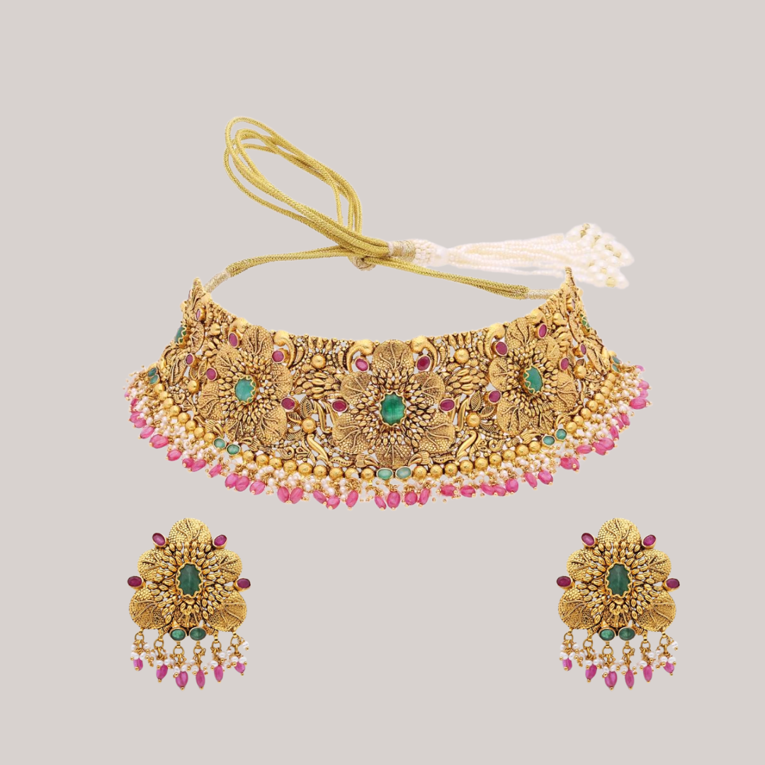 Fine Mandala Multistone Gold Choker Set