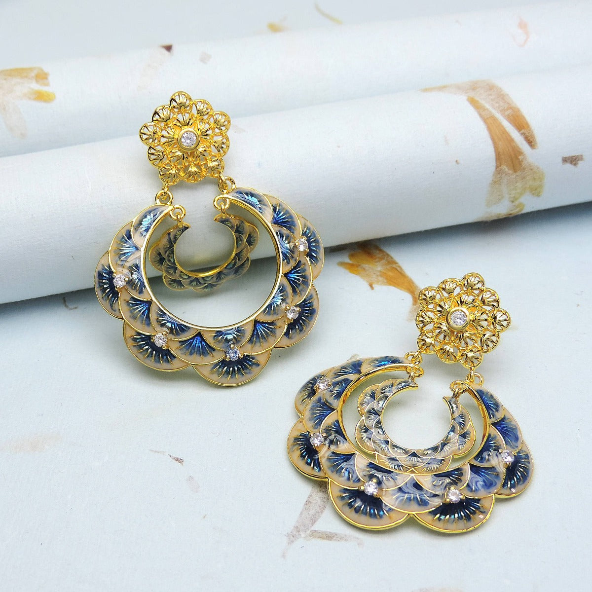 Glorious Blue Enamel Chandbali Earrings