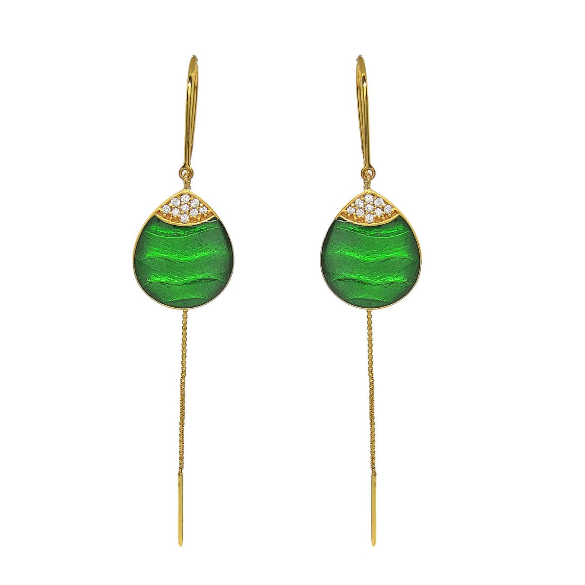 Green Dew Drop Enamel Sui Dhaga Earrings