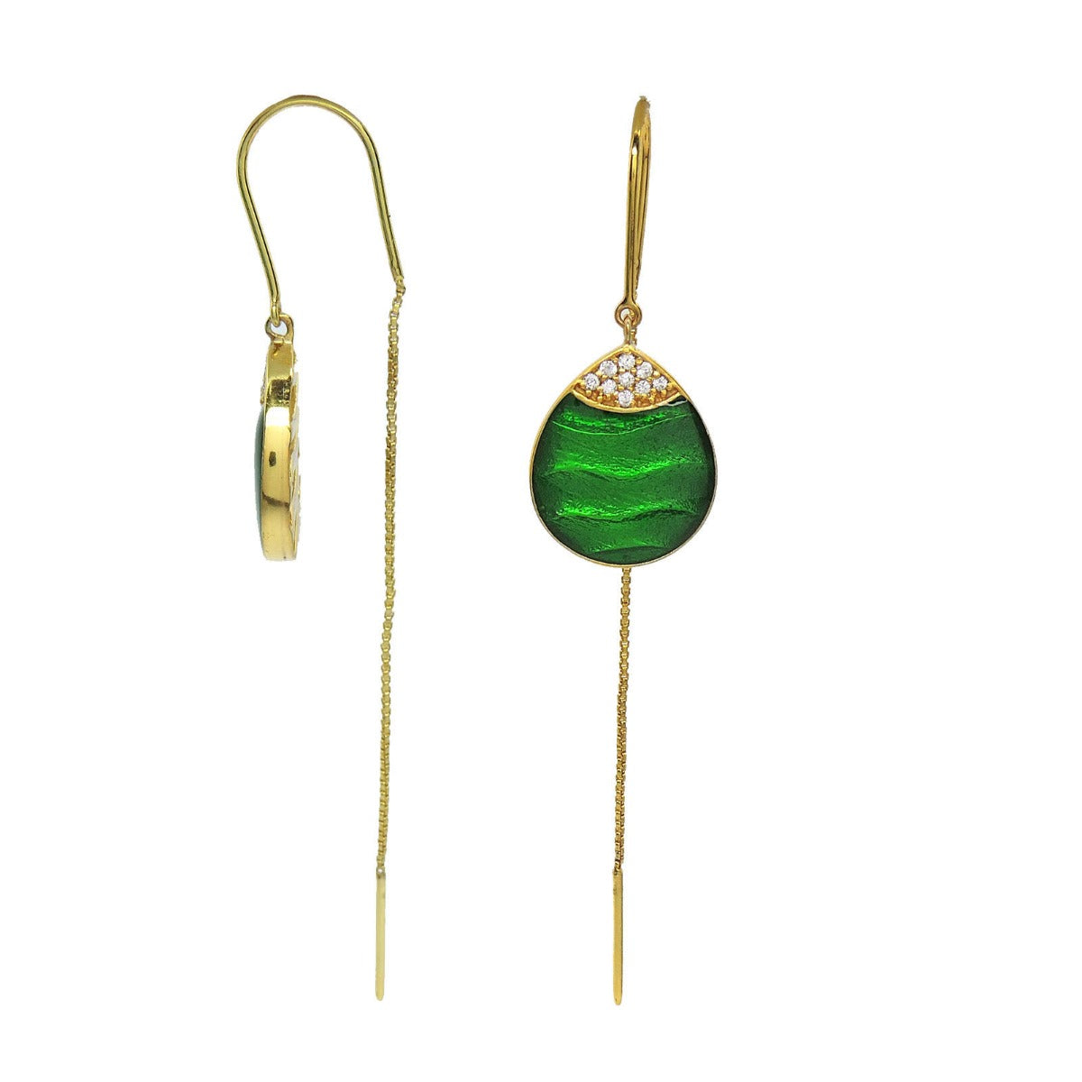 Green Dew Drop Enamel Sui Dhaga Earrings