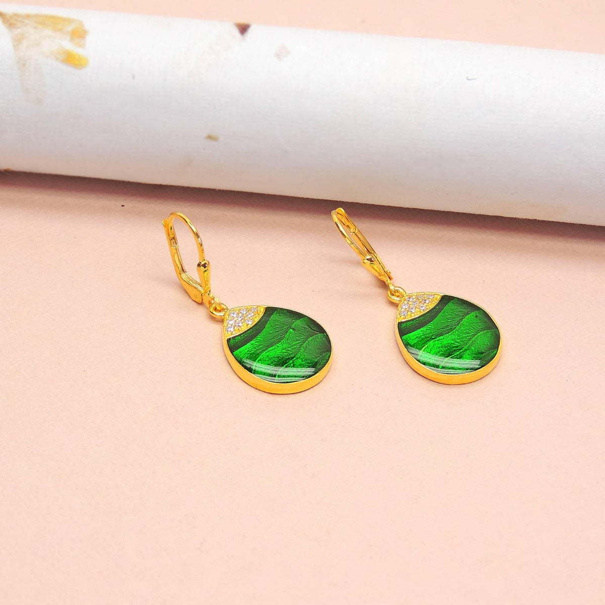 Green Dew Drop Enamel Earrings