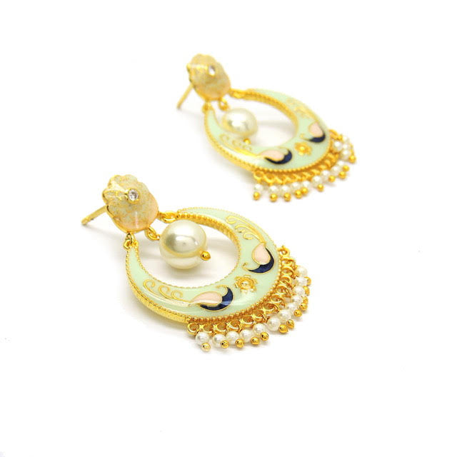 Orb Gemstone Green Enamel Chandbali Earrings