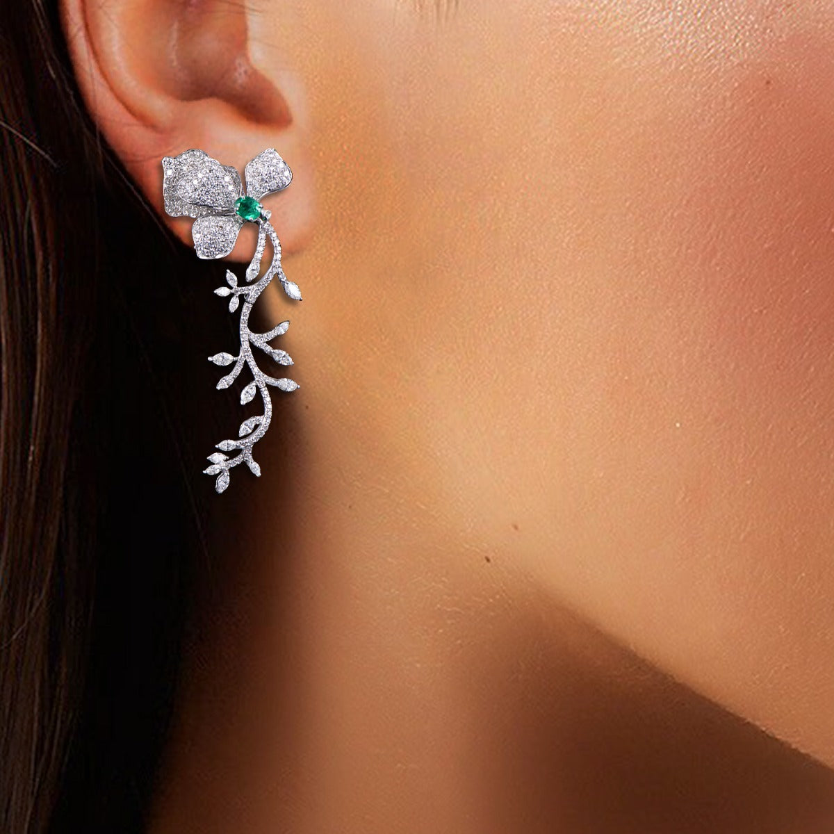 Fern Emerald Long Diamond Earrings