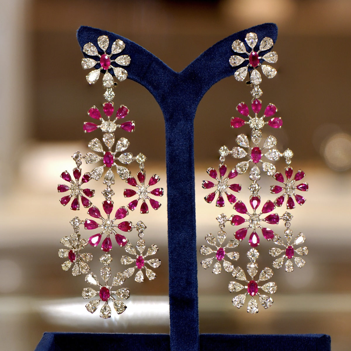 Red Ruby Flower Cluster Earrings