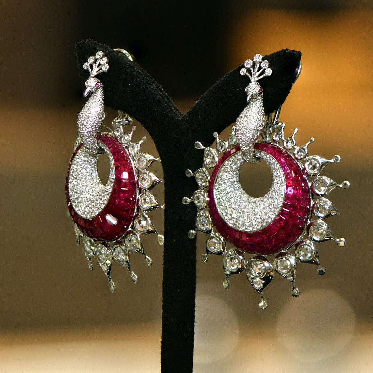 Contemporary Mesmerising Peacock Ruby Drop Earrings