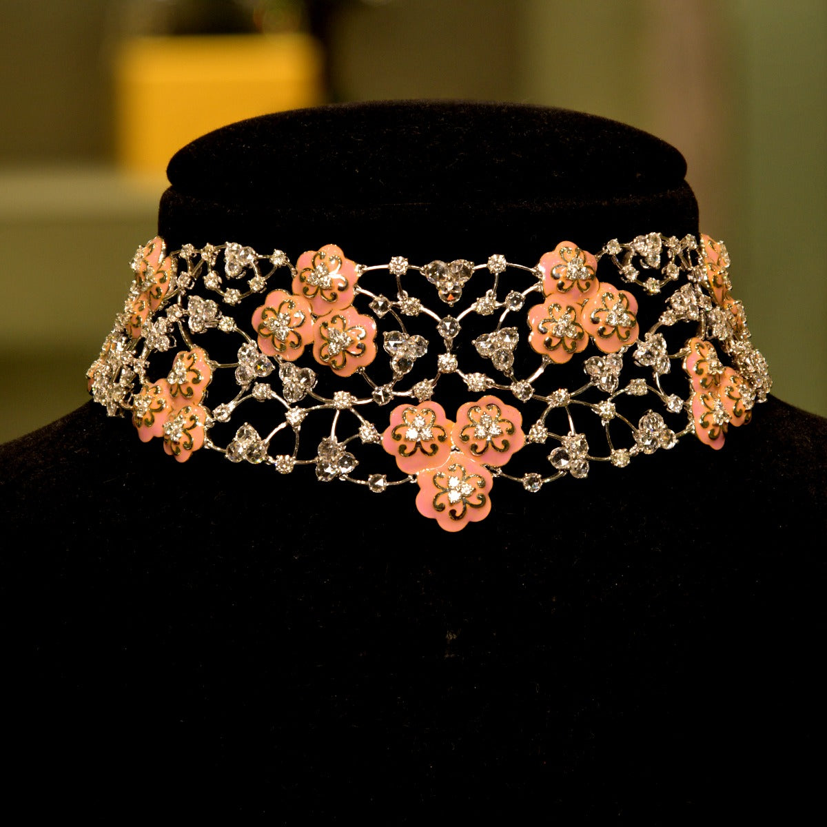 Pink Floral Enamel Diamond Necklace