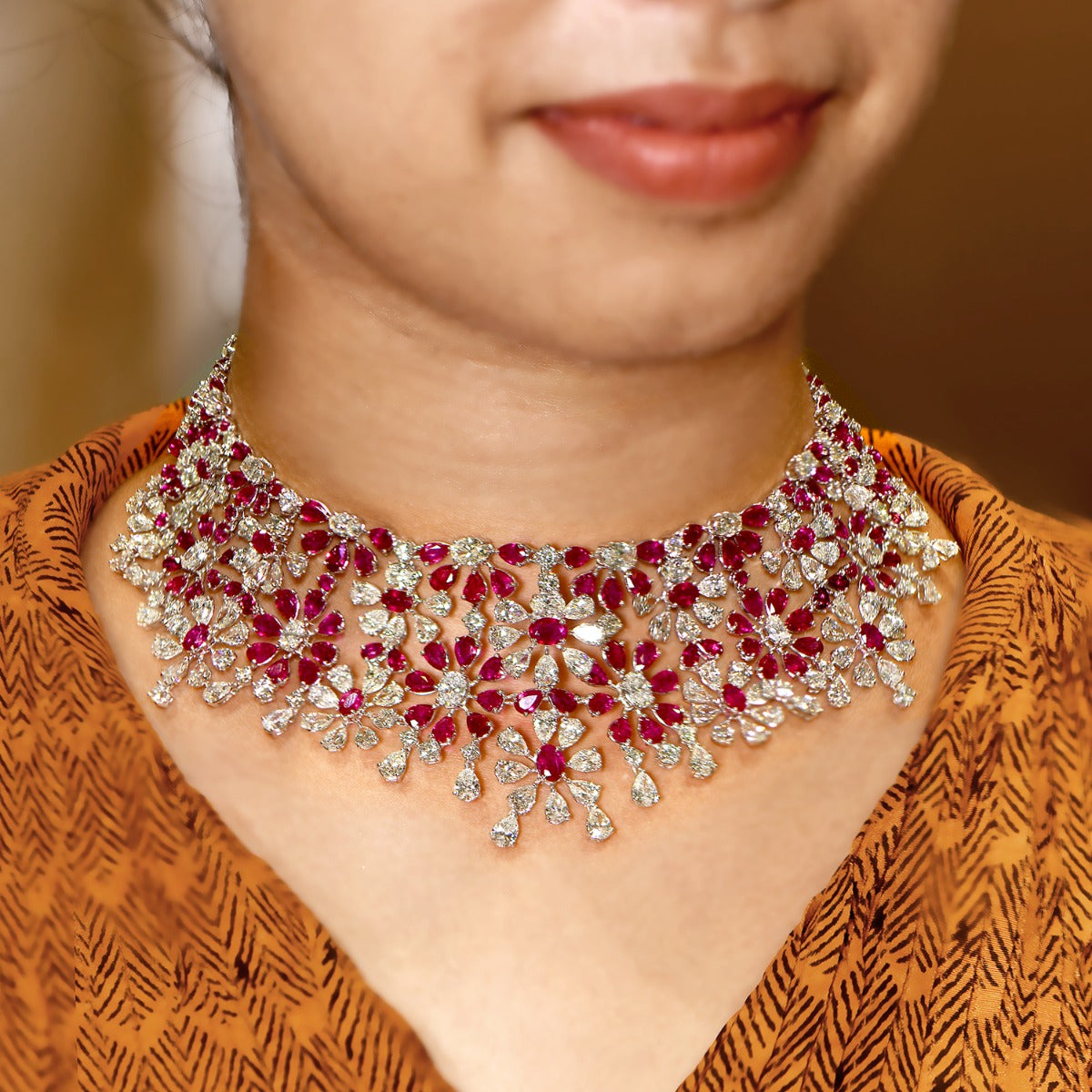 Red Ruby Flower Cluster Necklace