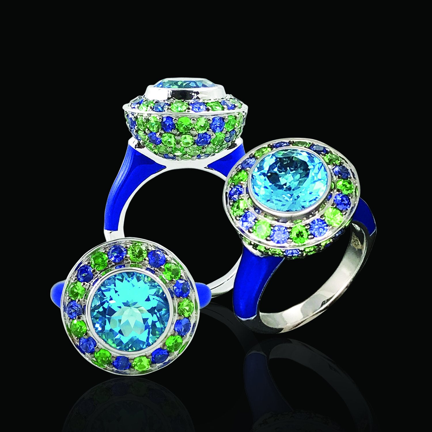 Blue Floral Ceramic Diamond Ring