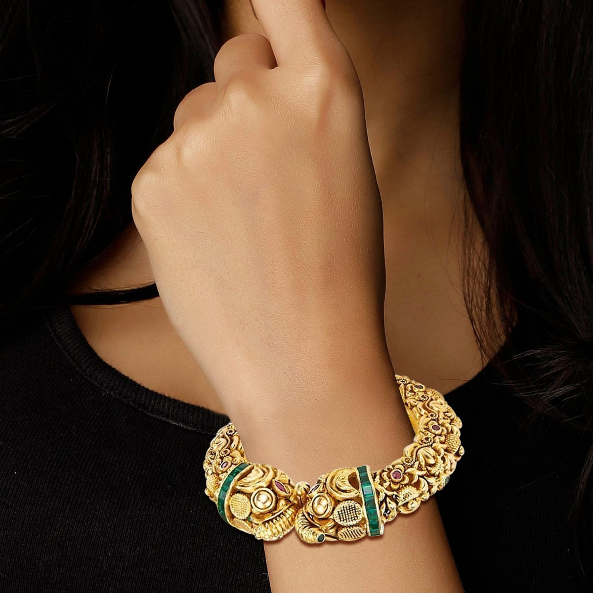 Royal Green Elephant Gold Bangle