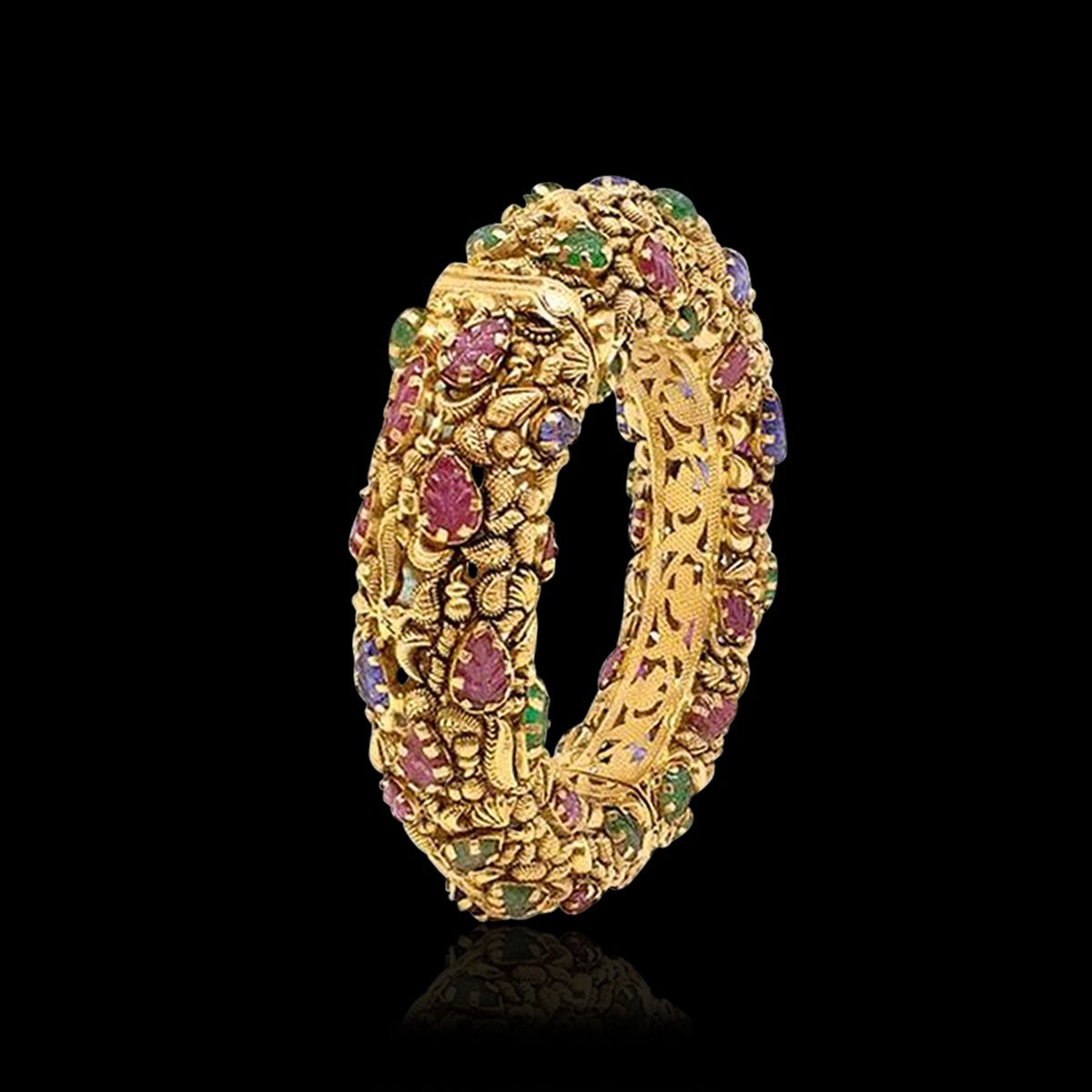 Classic Multi-Stone Leaves Gold Bangle