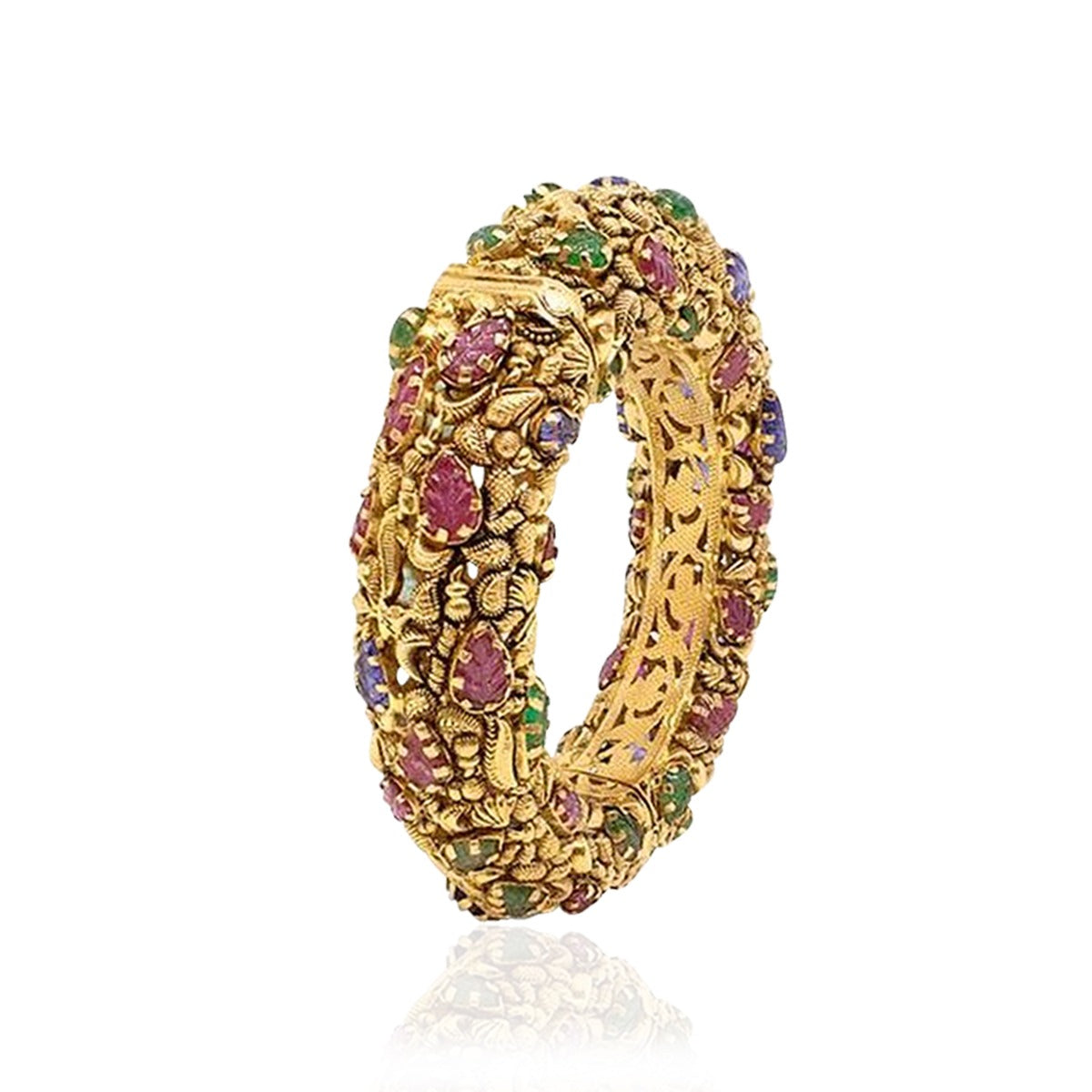Classic Multi-Stone Leaves Gold Bangle