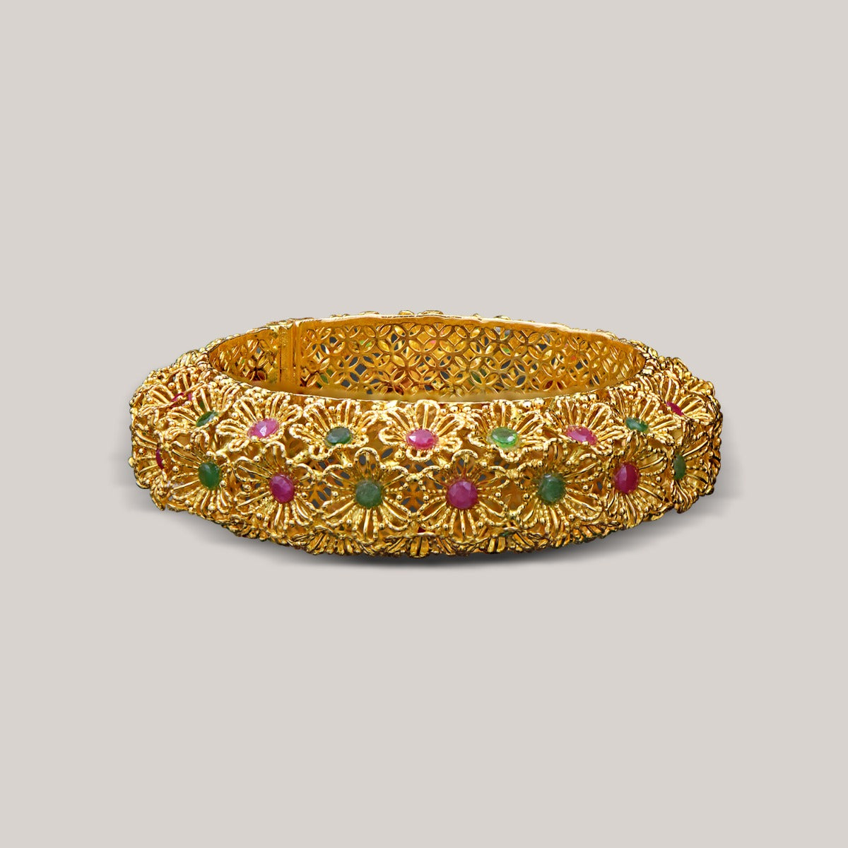 Classic Floral Gemstone Gold Bangle
