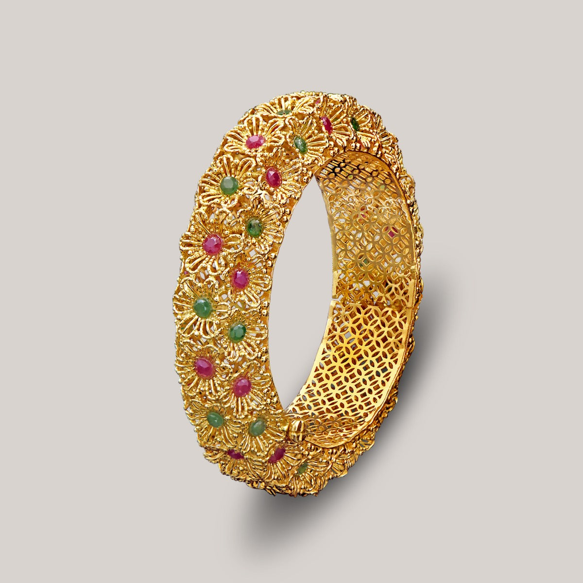 Classic Floral Gemstone Gold Bangle