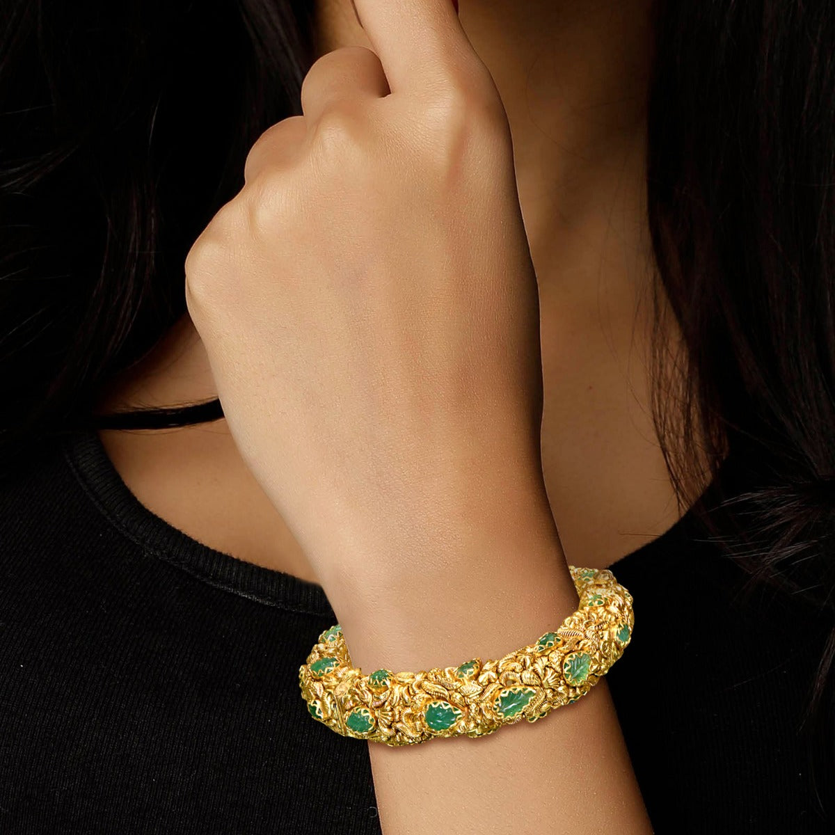 Green Blooming Leaves Gold Bangle Set