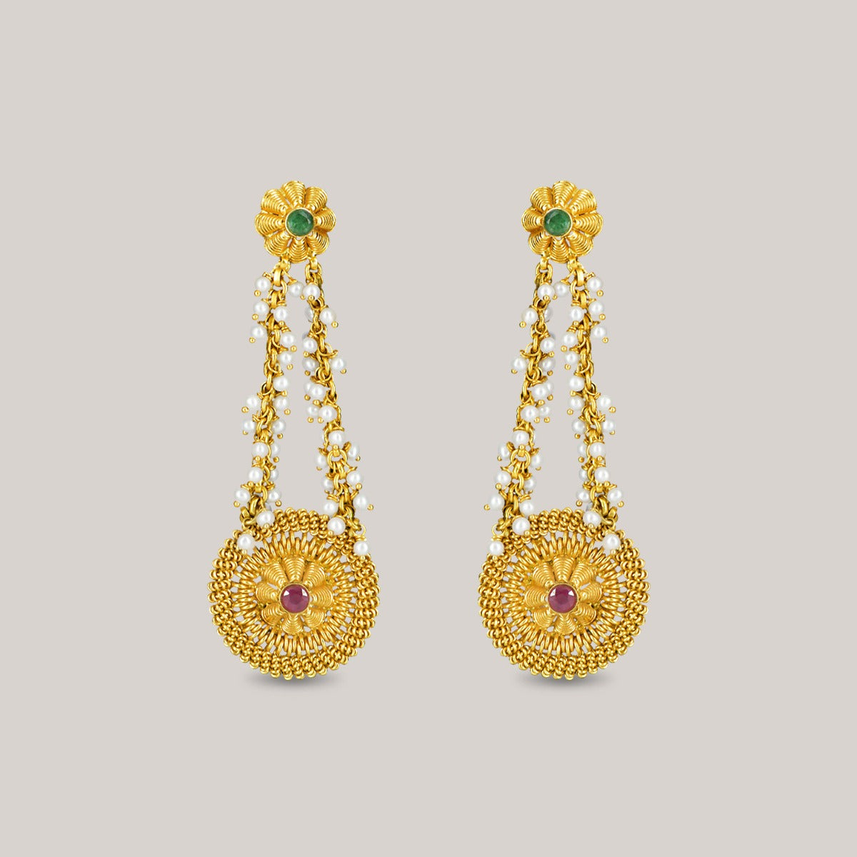 Double Round Floral Gold Earrings