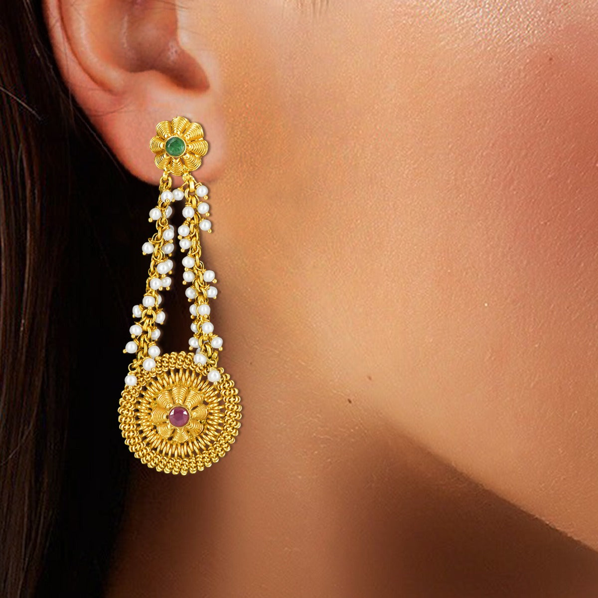 Double Round Floral Gold Earrings