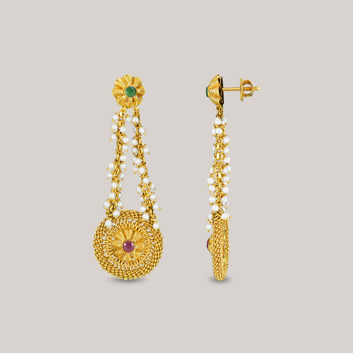 Double Round Floral Gold Earrings