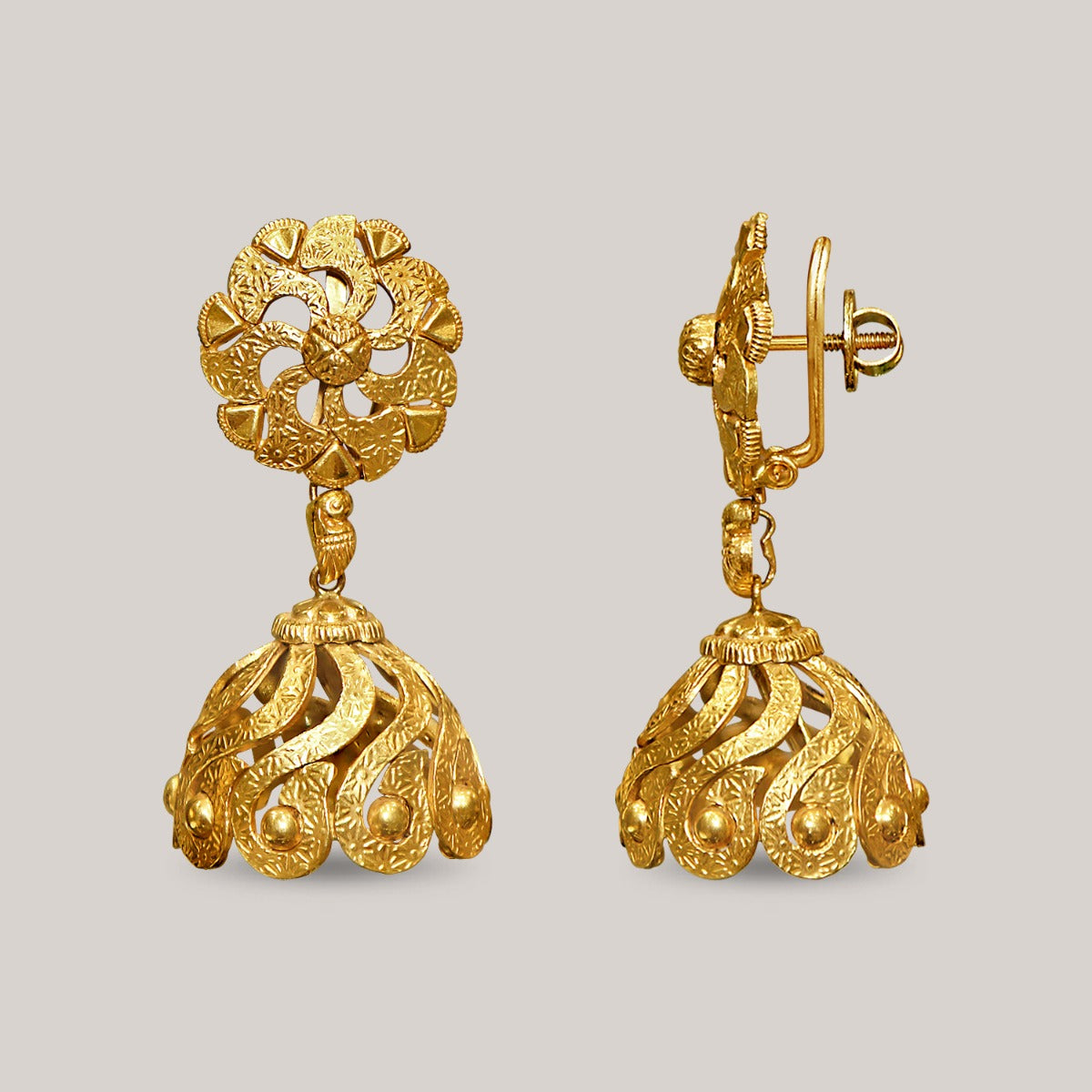 Curved Temple Bell Gold Jhumka
