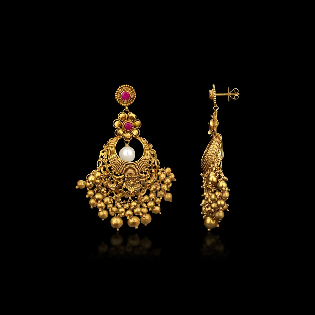 Pink Floral Gold Tassel Chandbali