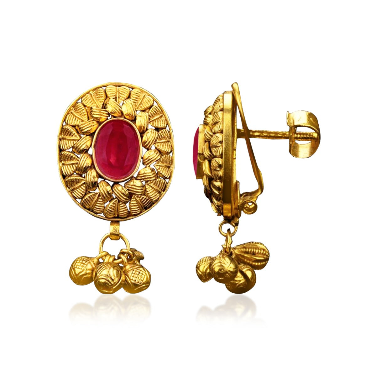 Ruby Leaf Motif Gold Earrings