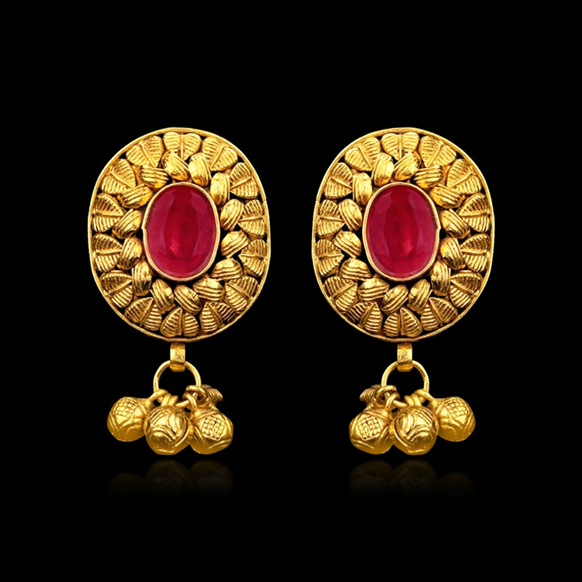 Ruby Leaf Motif Gold Earrings