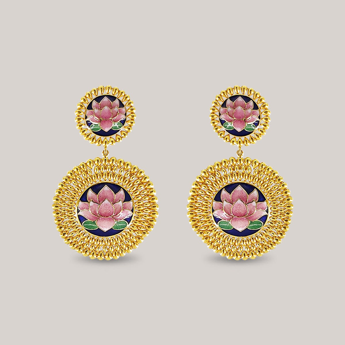 Pink Lotus Frame Gold Earrings