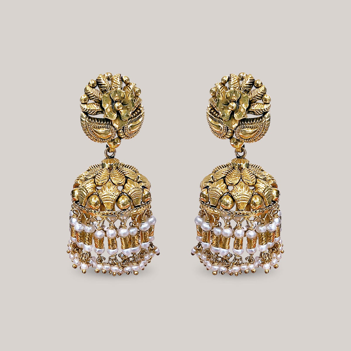 Scroll and Bead Gold Jhumka
