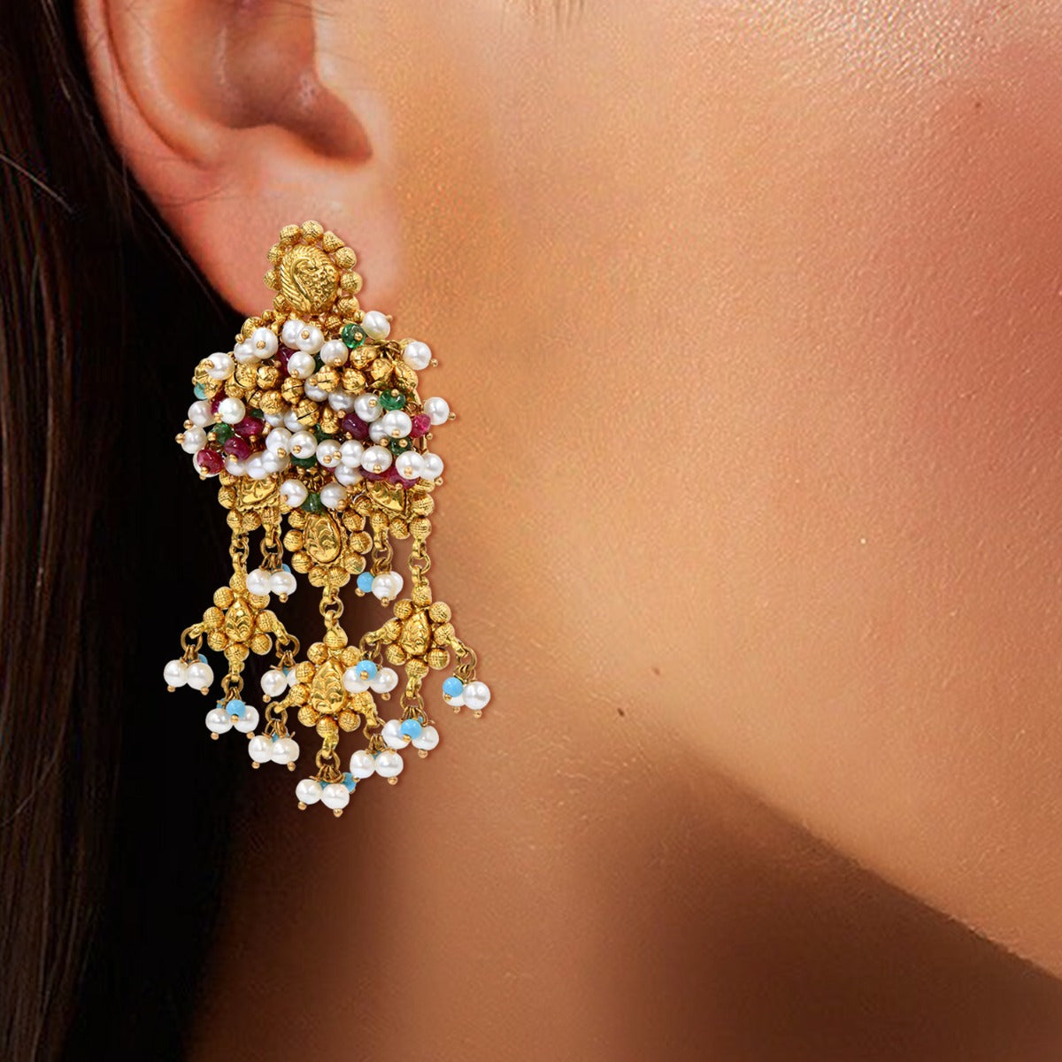Gemstone Cluster Gold Earrings