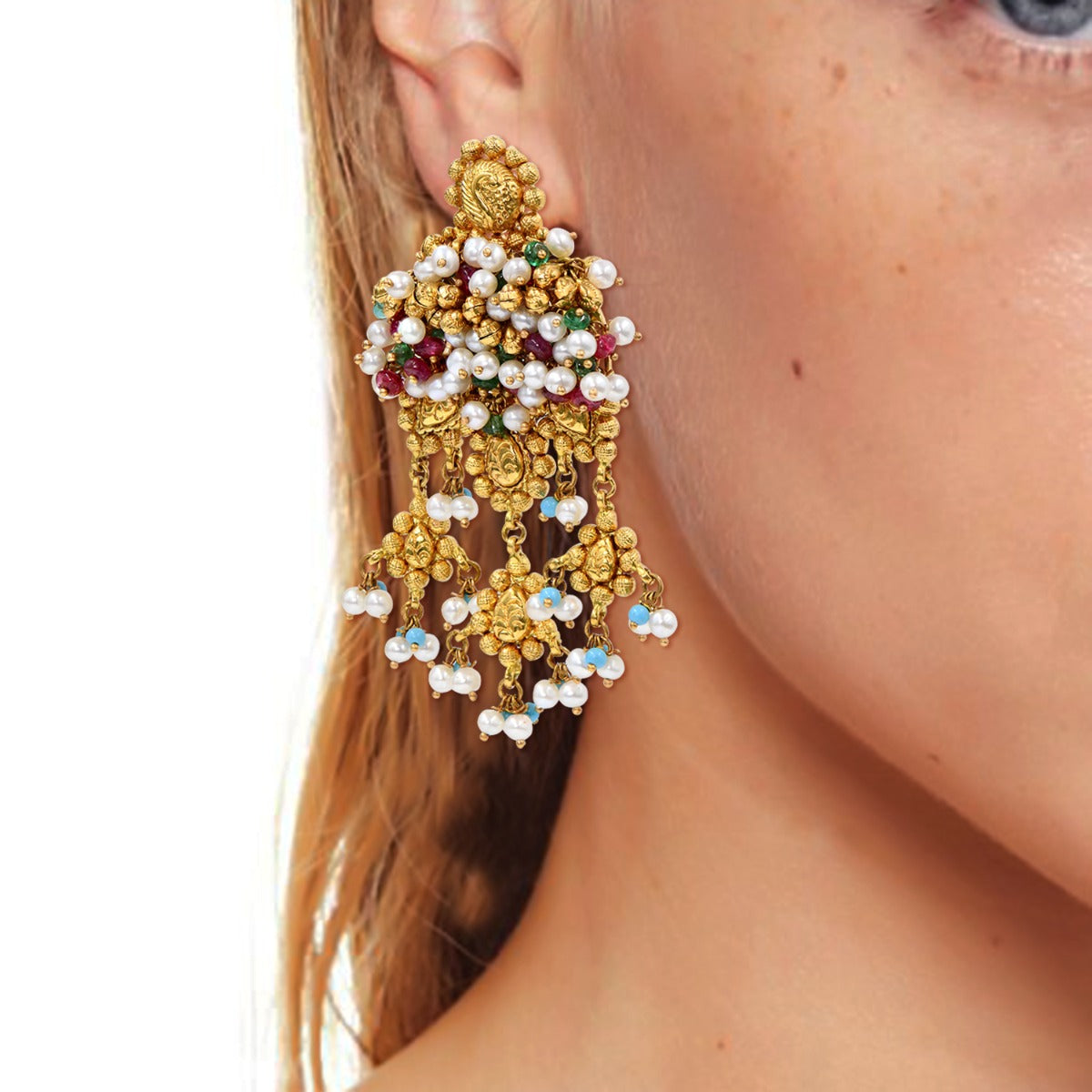 Gemstone Cluster Gold Earrings