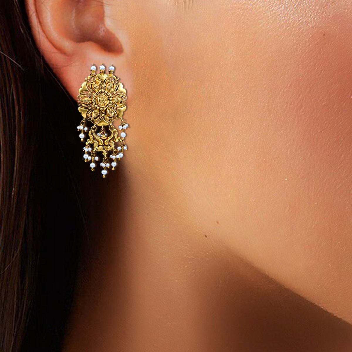 Floral Pearls Gold Earrings