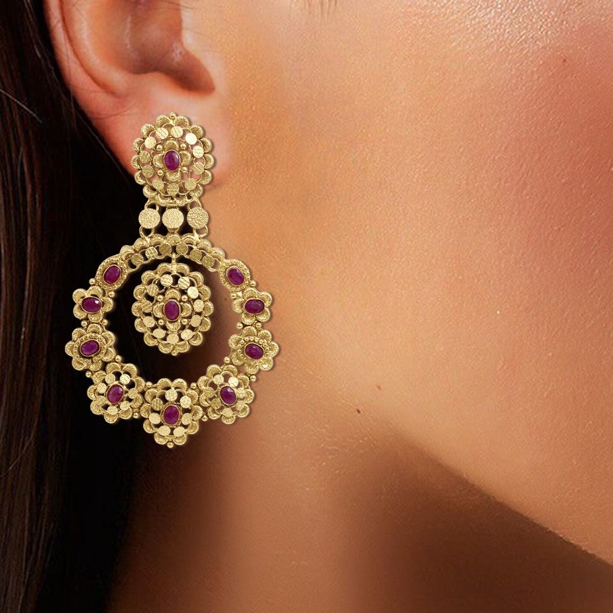 Rangoli Patterned Pink Stoned Earrings