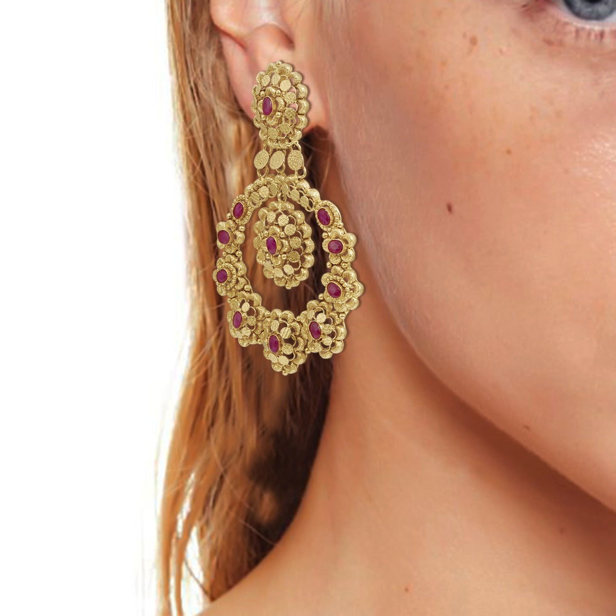 Rangoli Patterned Pink Stoned Earrings