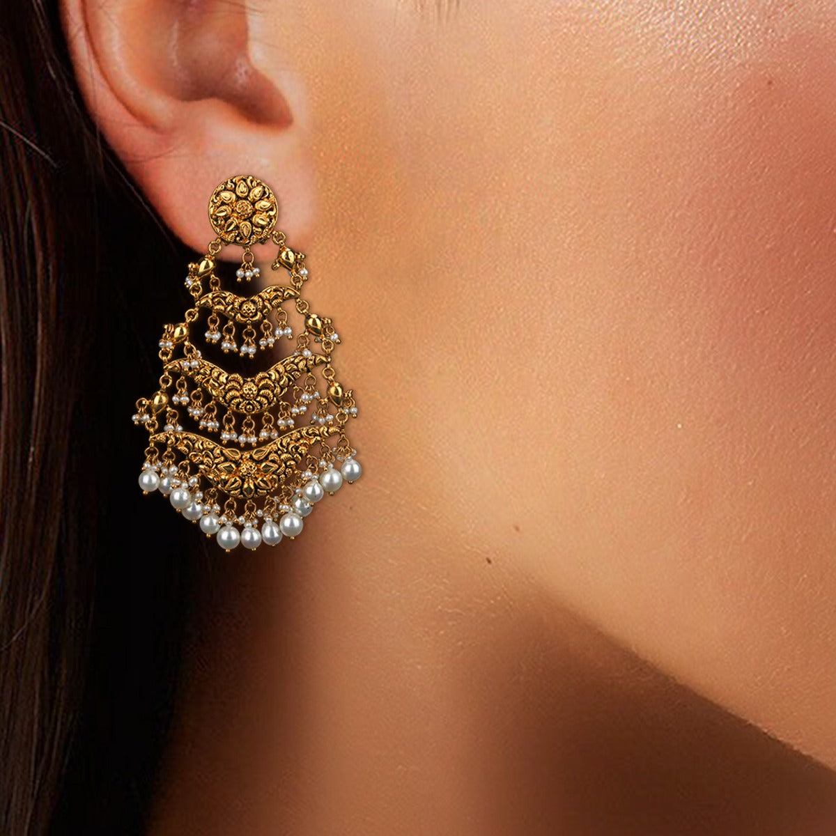Traditional White Bead Gold Earrings