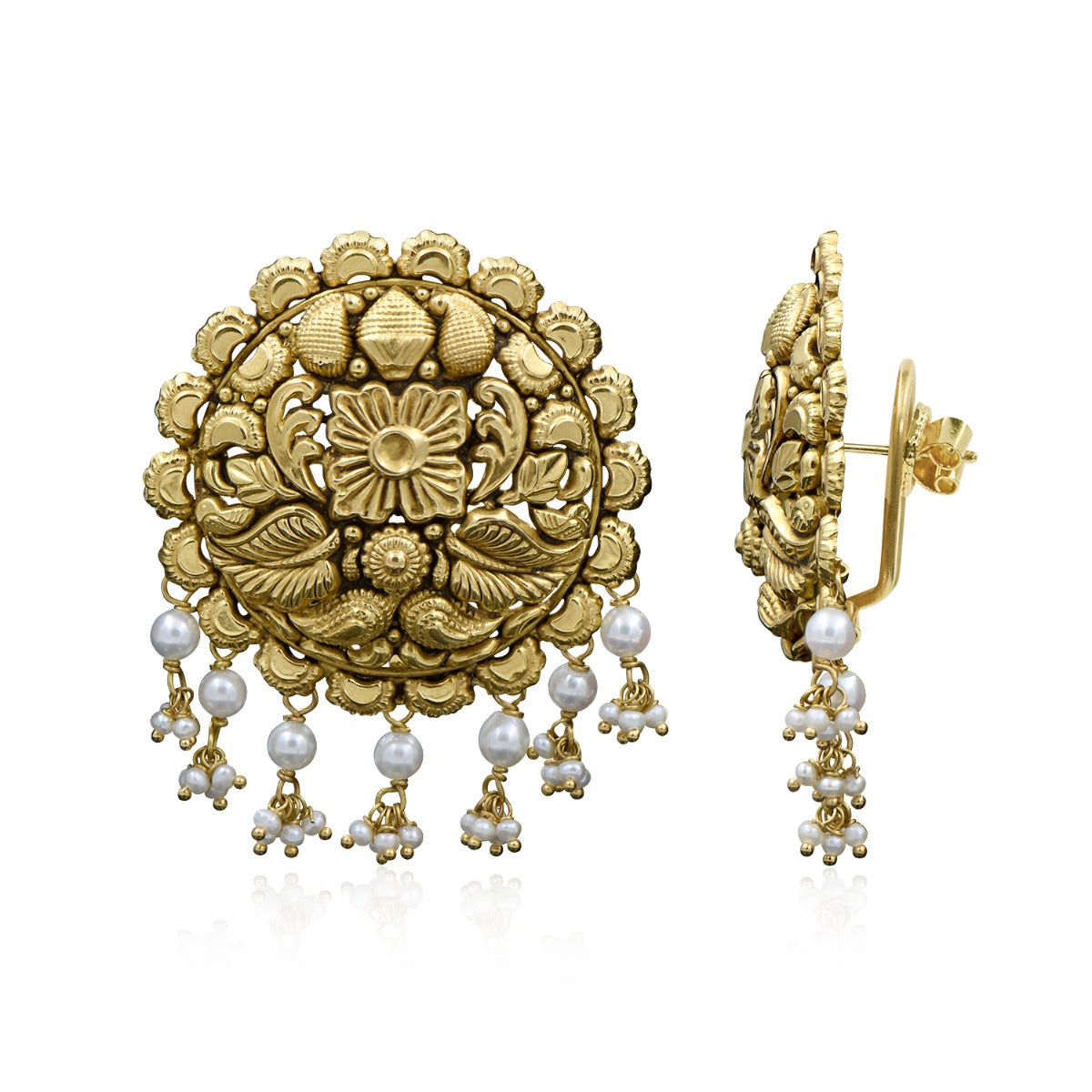 Leafy Motif Round Gold Earrings