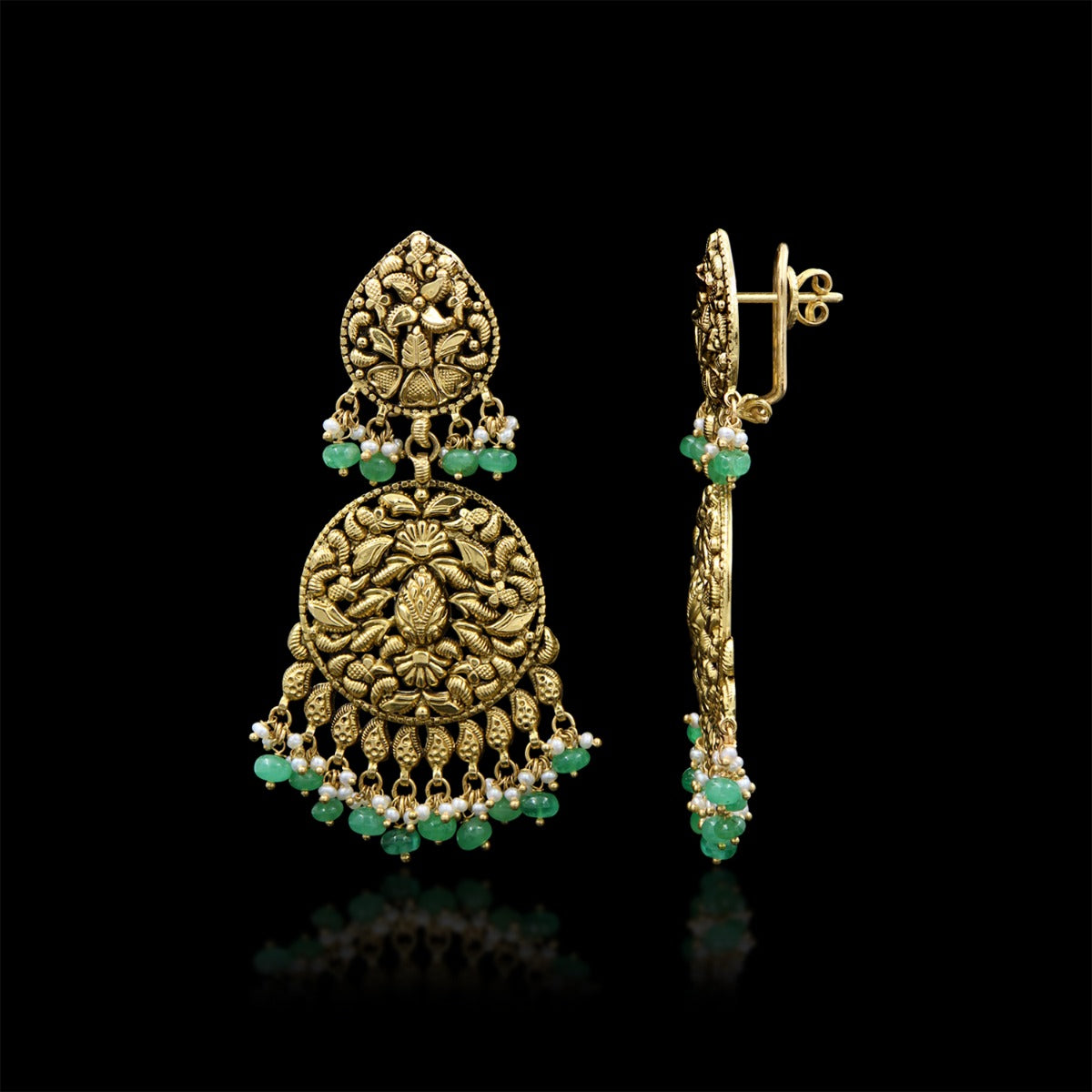 Green Embellished Gold Earrings