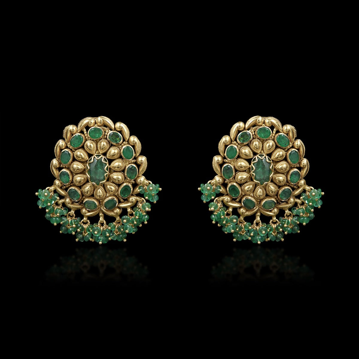 Green Oval Tree Gold Earrings