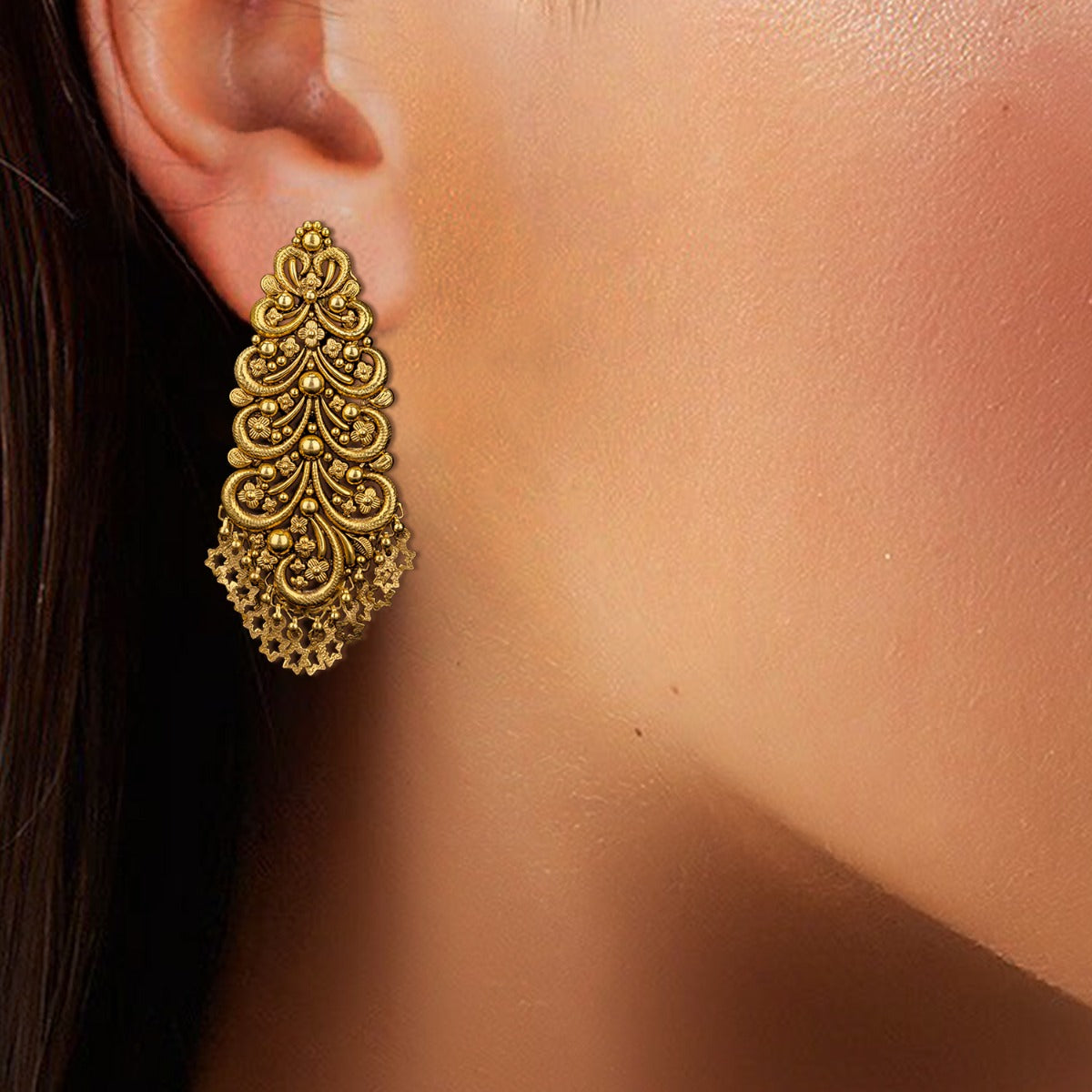 Pine Tree Carved Gold Earrings
