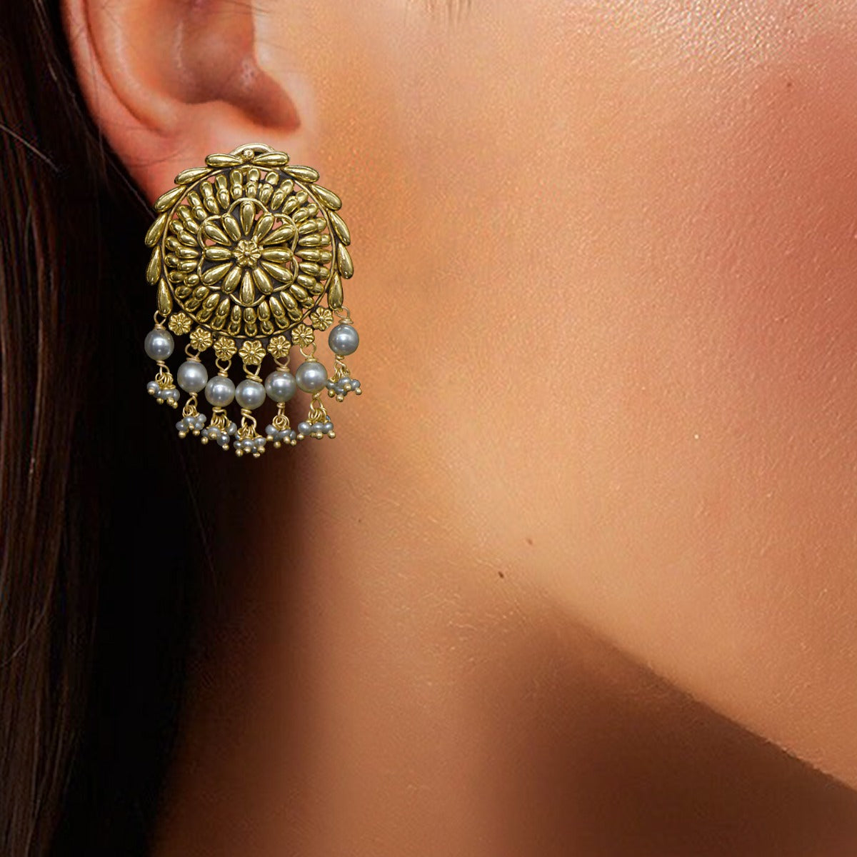 Motif Embellished Gold Earrings
