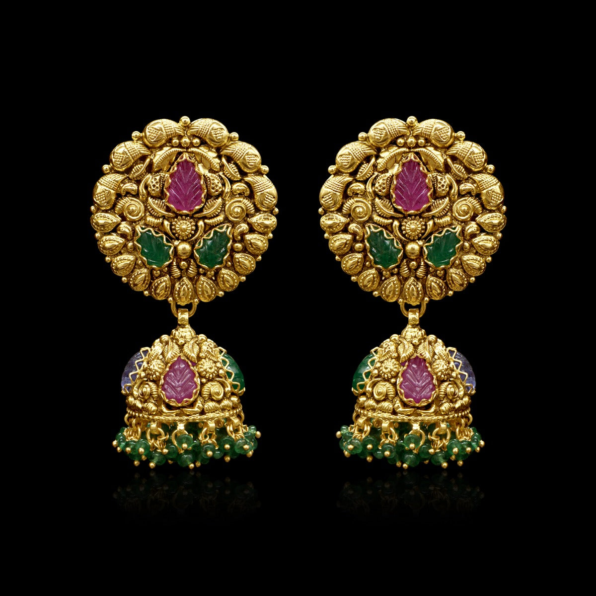 Temple Motif Round Gold Jhumka