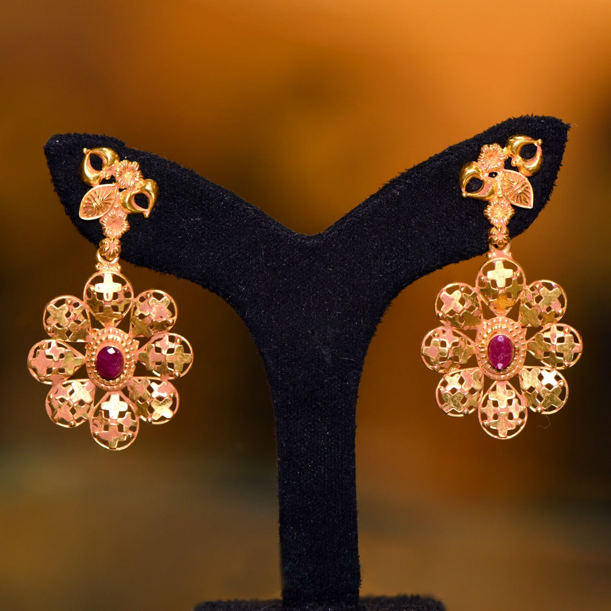 Starry Night Floral Red Gold Earrings