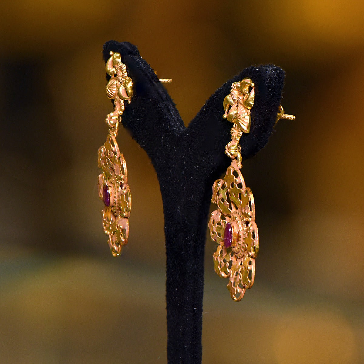 Starry Night Floral Red Gold Earrings