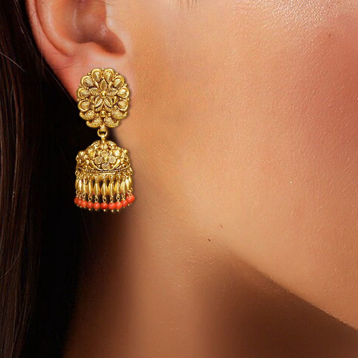 Orange Tazzos Gold Jhumka