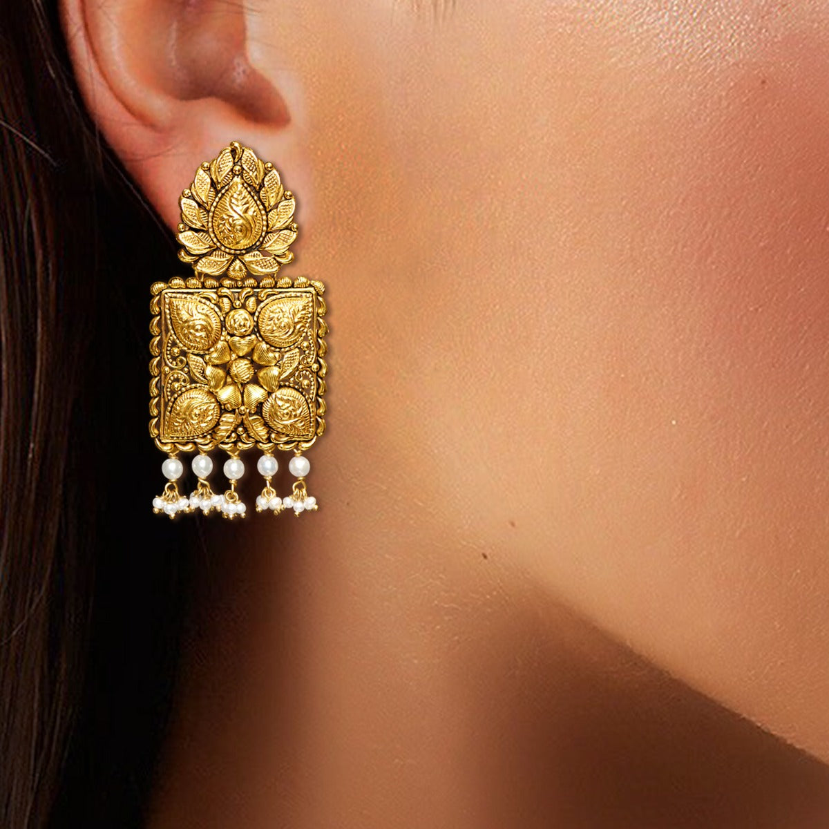 Shankh Motifs Gold Earrings