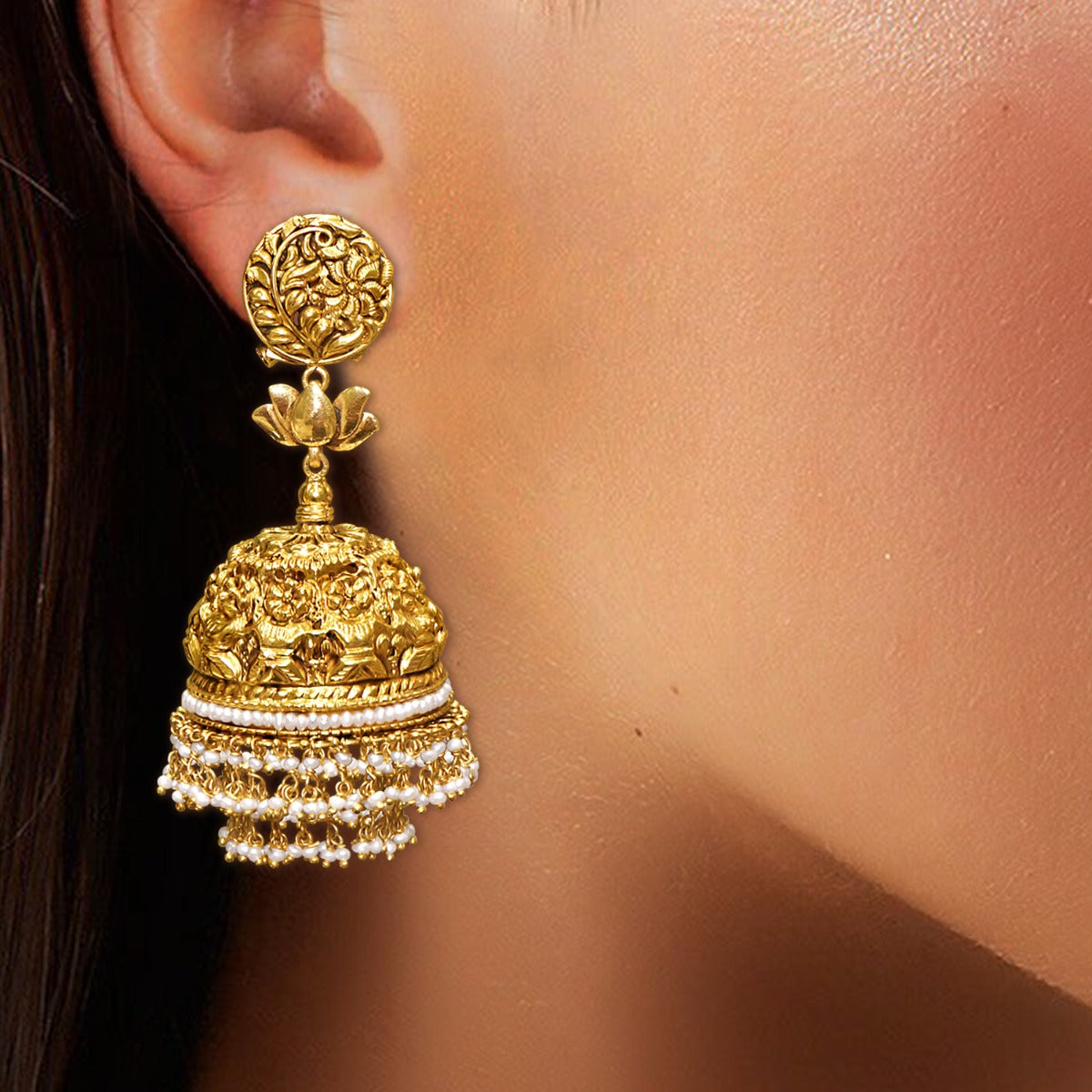 Tiny Lotus Bridge Gold Jhumka