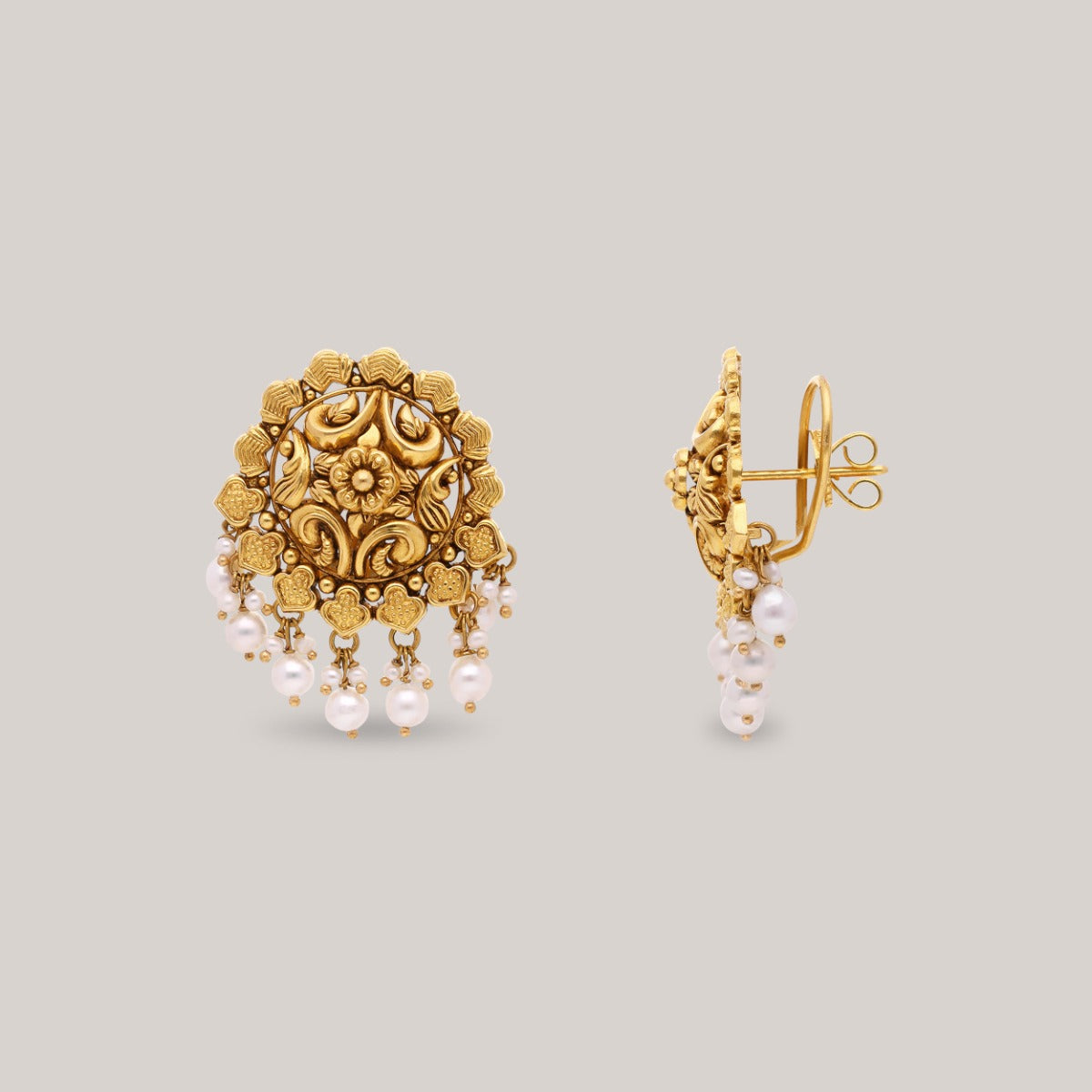 Floral Pearl Cascade Gold Earrings