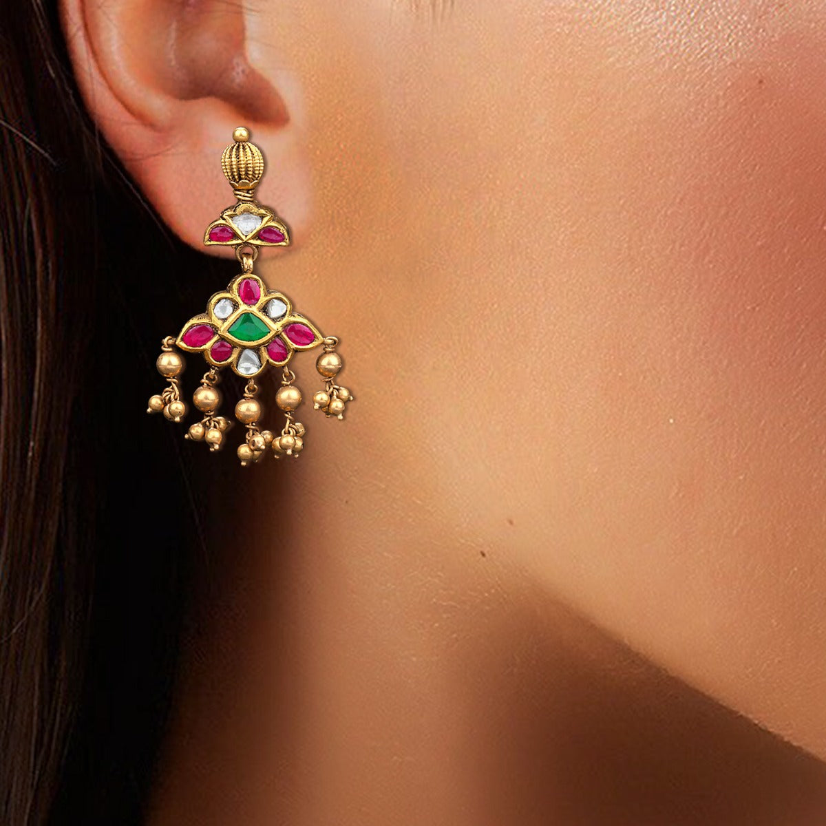 Multi Colour Stone Gold Earrings
