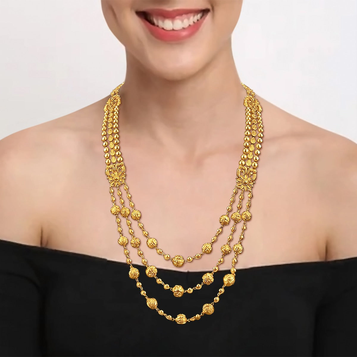 Tri-Layered Gold Long Necklace