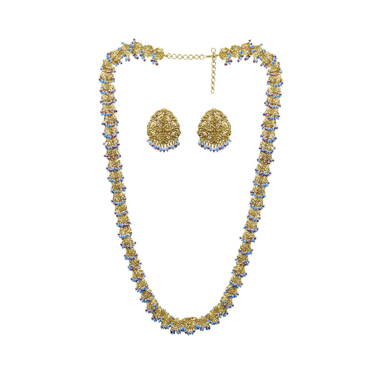 Carved Circle Motif Long Necklace Set
