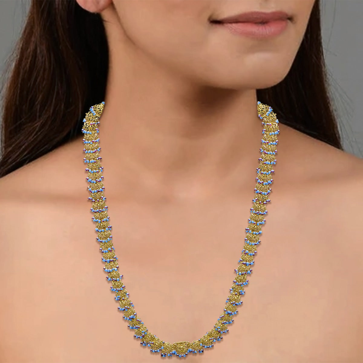 Carved Circle Motif Long Necklace Set